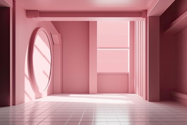 Roze kamer met een rond raam en een tegelvloer