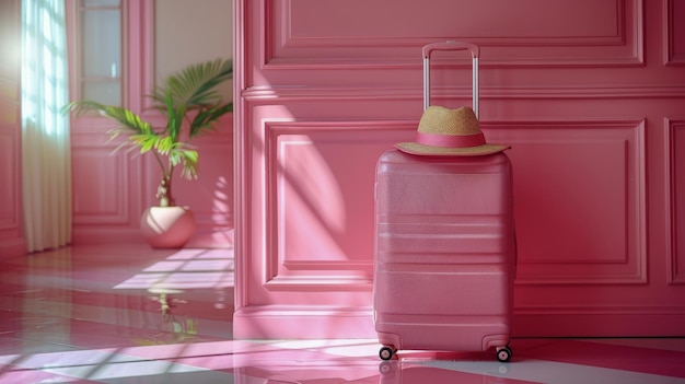 Roze kamer met koffer en potplant