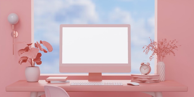 Roze kamerinterieur met mock-up computer PC met leeg wit scherm 3D rendering illustratie