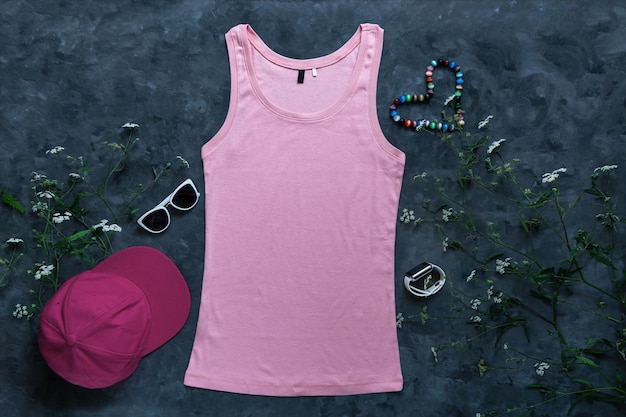 Roze katoenen tanktop mockup donkere achtergrond lege gewone t-shirt sjabloon voor creatief ontwerp zomer