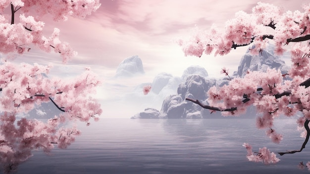 Roze kersenbloesem achtergrond met rivieren beken rotsen en bergen tekenen illustratie kunstwerk