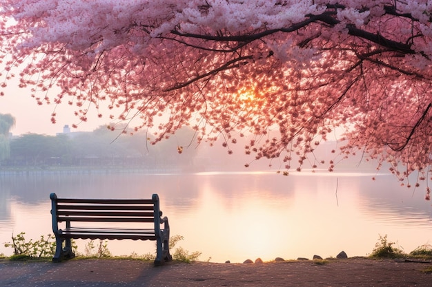 Roze kersenbloesemboom naast de rivier en een lege bank