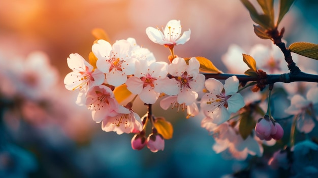 Roze kersenboom bloesem bloemen bloeien in het voorjaar van Pasen tijd tegen een natuurlijke zonnige wazig tuin banner achtergrond van blauw geel en wit bokeh generatieve AI