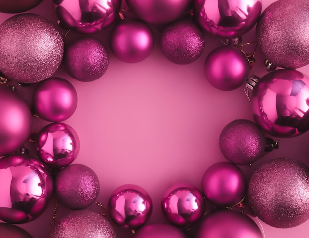 Roze kerstballen decoratie op roze achtergrond met kopie ruimte Nieuwjaarskaart Flat lay