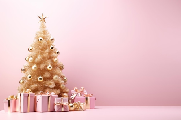 Roze kerstboom met gouden decoratie en geschenken Generatieve AI