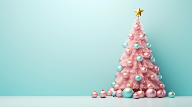 Roze kerstboom met ornamenten decoratie op baby blauwe achtergrond Nieuwjaar