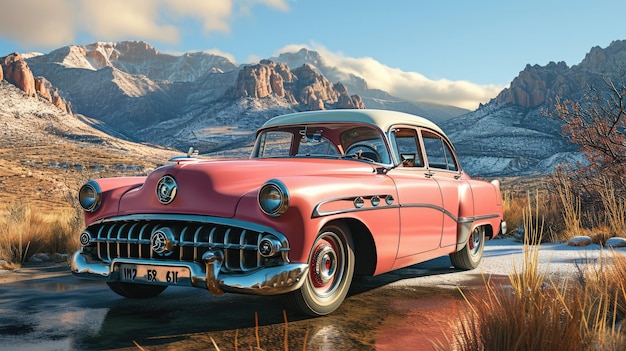 Roze klassieke Amerikaanse auto met Grand Canyon-achtergrondbehang