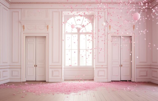 Foto roze klassieke stijl witte hal en luxe boogdeur achtergrond met vallende roze confetti achtergrond