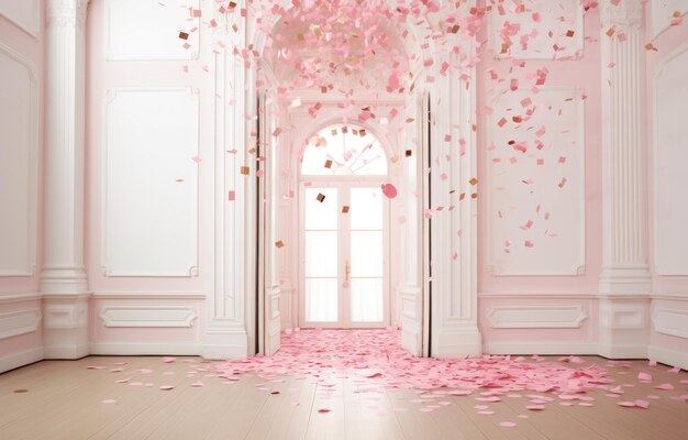 Foto roze klassieke stijl witte hal en luxe boogdeur achtergrond met vallende roze confetti achtergrond