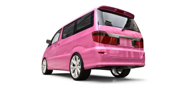 Roze kleine minibus voor het vervoer van mensen. Driedimensionale afbeelding op een glanzend witte achtergrond. 3D-rendering.