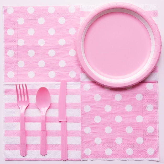 Roze kleur papieren bord met plastic lepel vork en mes