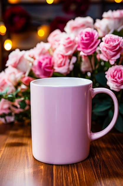 Roze koffiemok bovenop houten tafel Generatieve AI