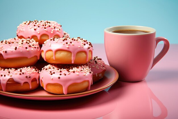 Roze kop thee of koffie met roze donuts op de achtergrond