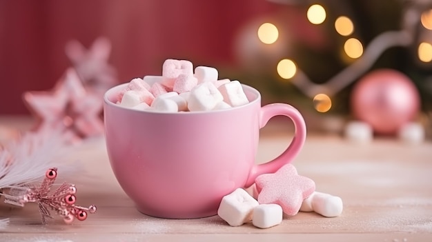 roze kop warme chocolademelk met marshmallows op een houten tafel met kerstkruiden