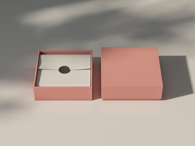 Roze koraal Box Mockup met wit inpakpapier en sticker op tafel met schaduwen, 3D-rendering