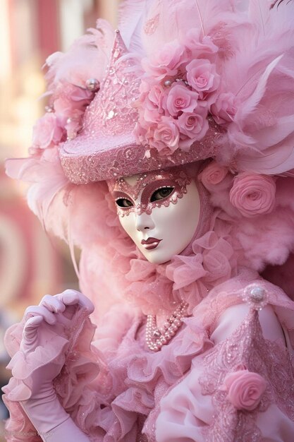 roze kostuum op het carnaval van Venetië