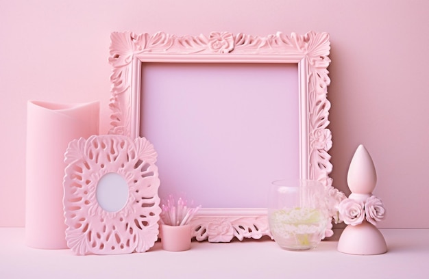 Roze leeg frame met decoratie en bloemen Generatieve ai