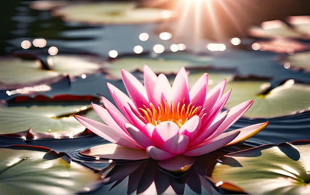 Roze lelie bloeit op het water in de stralen van de zomerzon