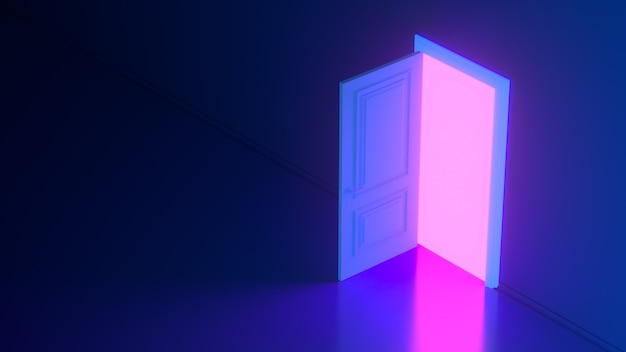 Roze licht schijnt door een open deur tegen een neon gloeiende futuristische blauwe muur