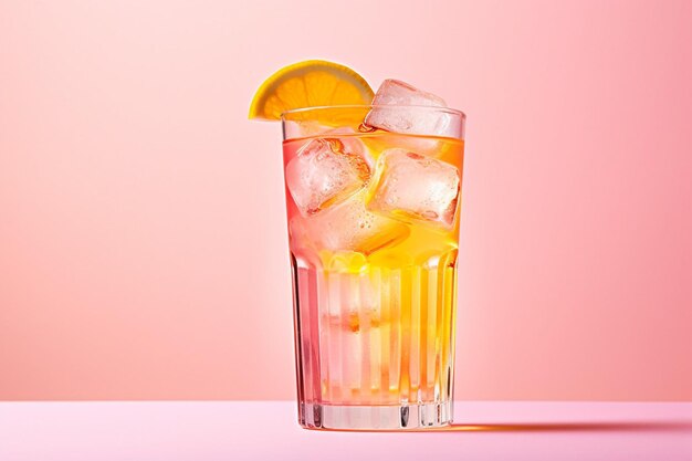 Foto roze limonade met ijsblokjes in een glas.