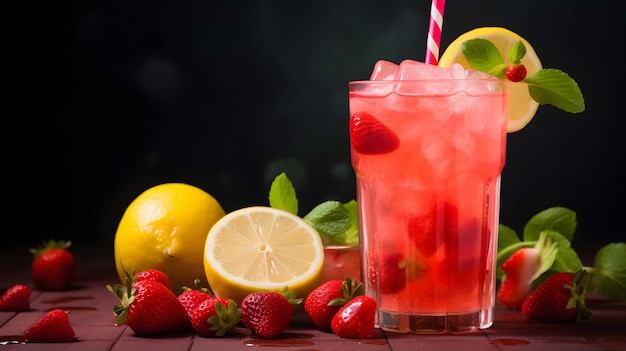 Roze limonade met limoen en aardbeien