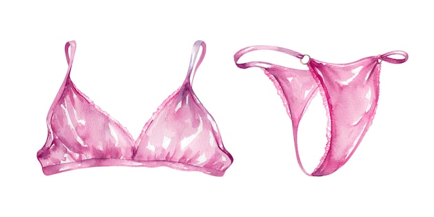 Roze lingerie set Aquarel erotische zijden bh en tanga Vrouw ondergoed met de hand getekende illustratie
