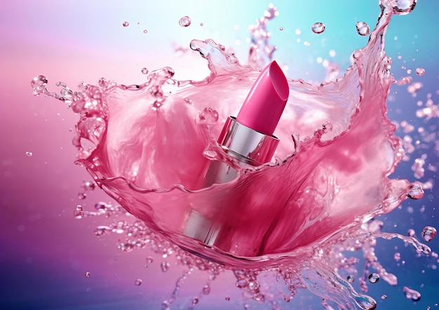 Foto roze lippenstift met spetteringen en spetteringen rozenwater commerciële beeldstijl generatieve ai-inhoud