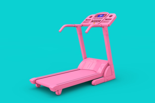 Foto roze loopband fitness run machine in duotone stijl op een blauwe achtergrond. 3d-rendering