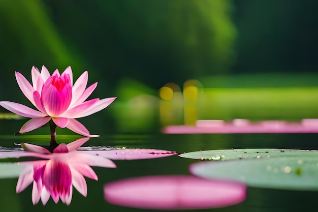 roze lotus met reflecties in een vijver