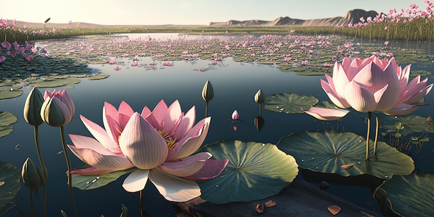 roze lotussen op het water op een zonnige dag