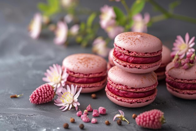 Foto roze macarons gestapeld op tafel.