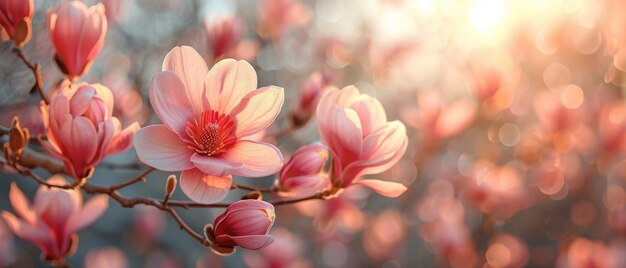 Roze magnolia-bloemen bloeien op een zonnige lente-achtergrond