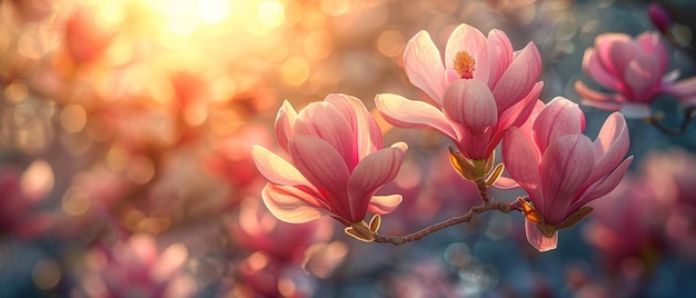 Roze magnolia bloemen in de zon op een mysterieuze lente bloemen achtergrond