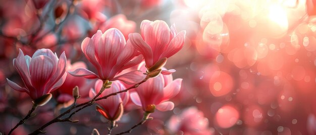 Roze magnolia bloemen met een bloemrijke lente achtergrond