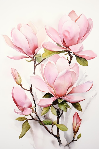 Roze Magnolia of tulpenboom in aquarel geïsoleerd op witte achtergrond Generatieve AI