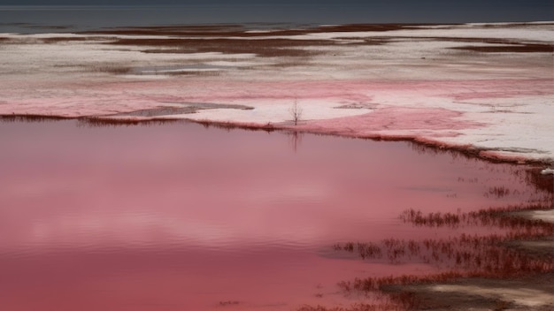 Roze meer met een bewolkte hemel