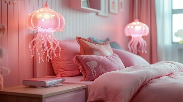 Roze meisjes slaapkamer met creatieve kwallenvormige lampen