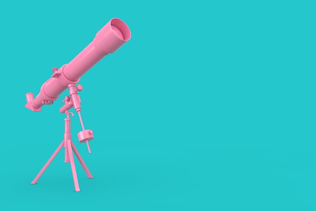 Roze moderne mobiele telescoop op statief op een blauwe achtergrond. 3D-rendering
