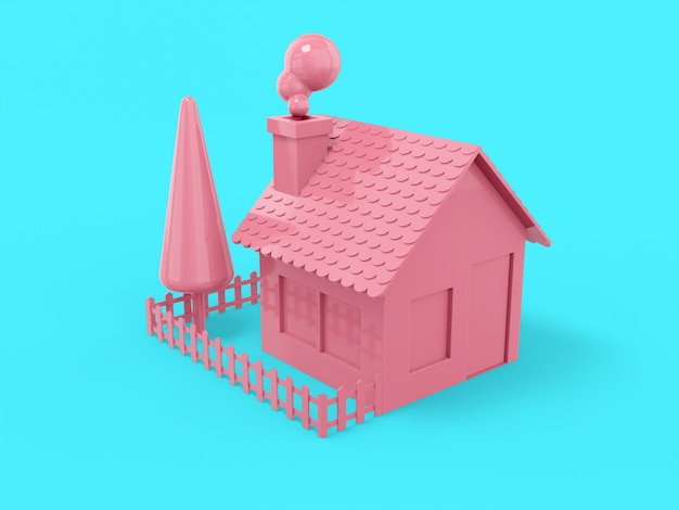 Roze mono kleur huis landelijk landschap hek boom tuin op blauwe effen achtergrond Minimalistisch design object 3D-rendering pictogram ui ux interface-element
