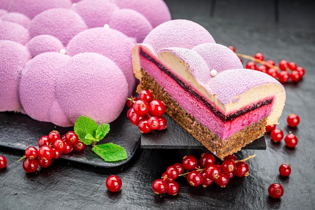 Roze moussecake met wolkbessen