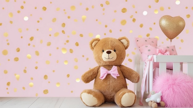 roze muur met gouden sterren stickers en teddybeer