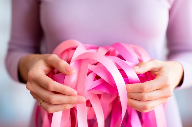 Foto roze oktober vrouw met linten in roze tinten een symbool van bewustzijn voor de vroege detectie van borstkanker samen zijn we sterker we zullen borstcancer verslaan