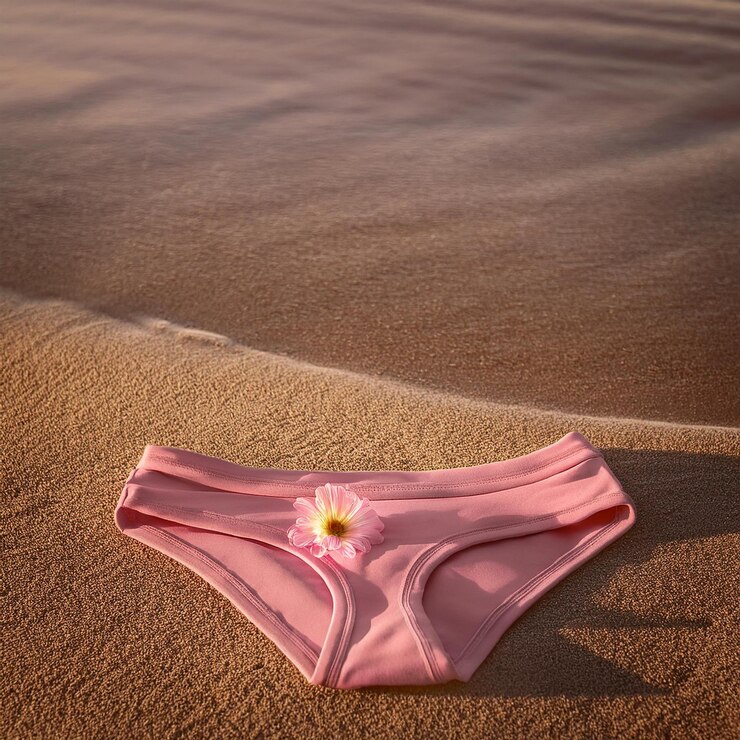 Roze onder broek met bloem op het zand op het strand