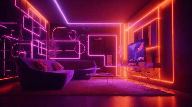 Roze-oranje-paars decor met een synthwave-thema Generative AI Neon Lighting en Neural Network Art