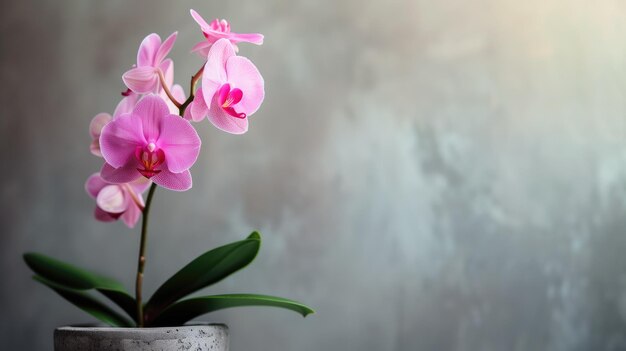 Roze orchidee in een betonnen pot tegen een grijze muur