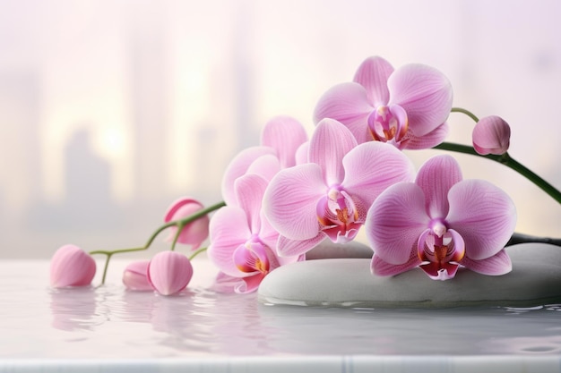 Roze orchideeën bloemen in water spa concept Generatieve AI