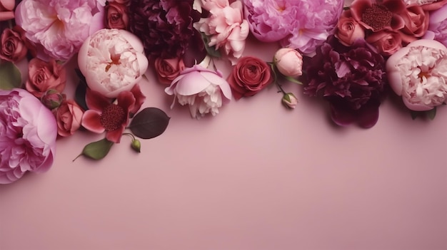 roze paarse en roodroze bloemen geïsoleerd op een roze achtergrond met kopieerruimte