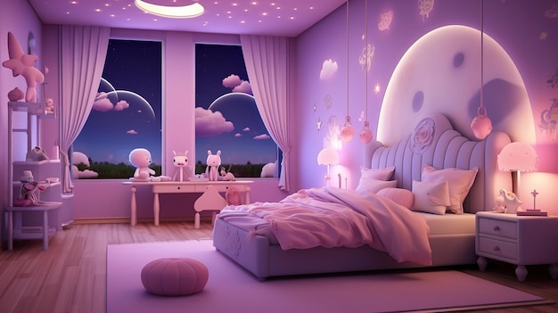 Roze paarse kamer voor een meisje met een groot bed, een donzig tapijt, een vloerlamp licht 's avonds op en een panoramisch raam 3d illustratie