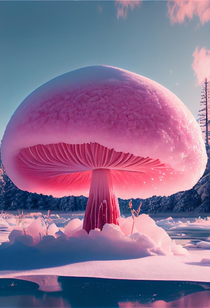 Roze paddenstoel zittend bovenop een besneeuwd veld generatieve ai