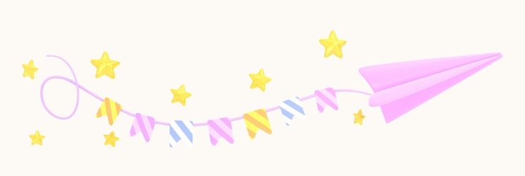 Foto roze papieren vliegtuigje met kleurrijke guirlande vlaggen in de lucht met sterren 3d render gelukkige verjaardag banner uitnodiging voor kinderfeestje wenskaart verzenden van e-mail of bericht in sociale media 3d illustratie